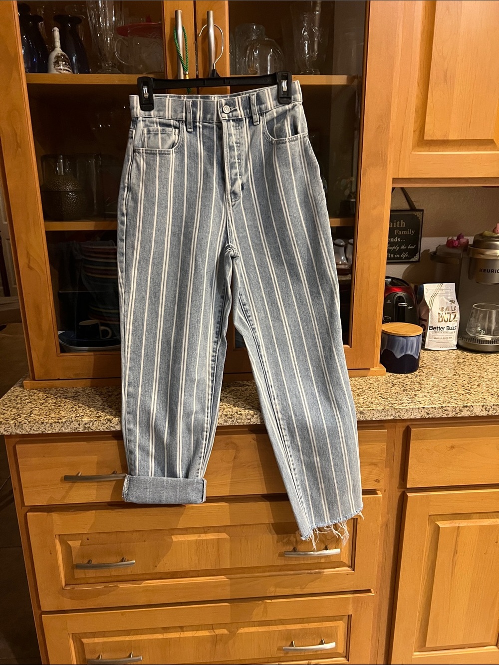 PacSun Vertical Stripe Boyfriend Jeans - Light Blue & White